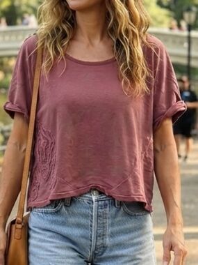 Free People Boho Embroidered Cotton T-Shirt L Faded Grunge Boho Fairy Cottage
